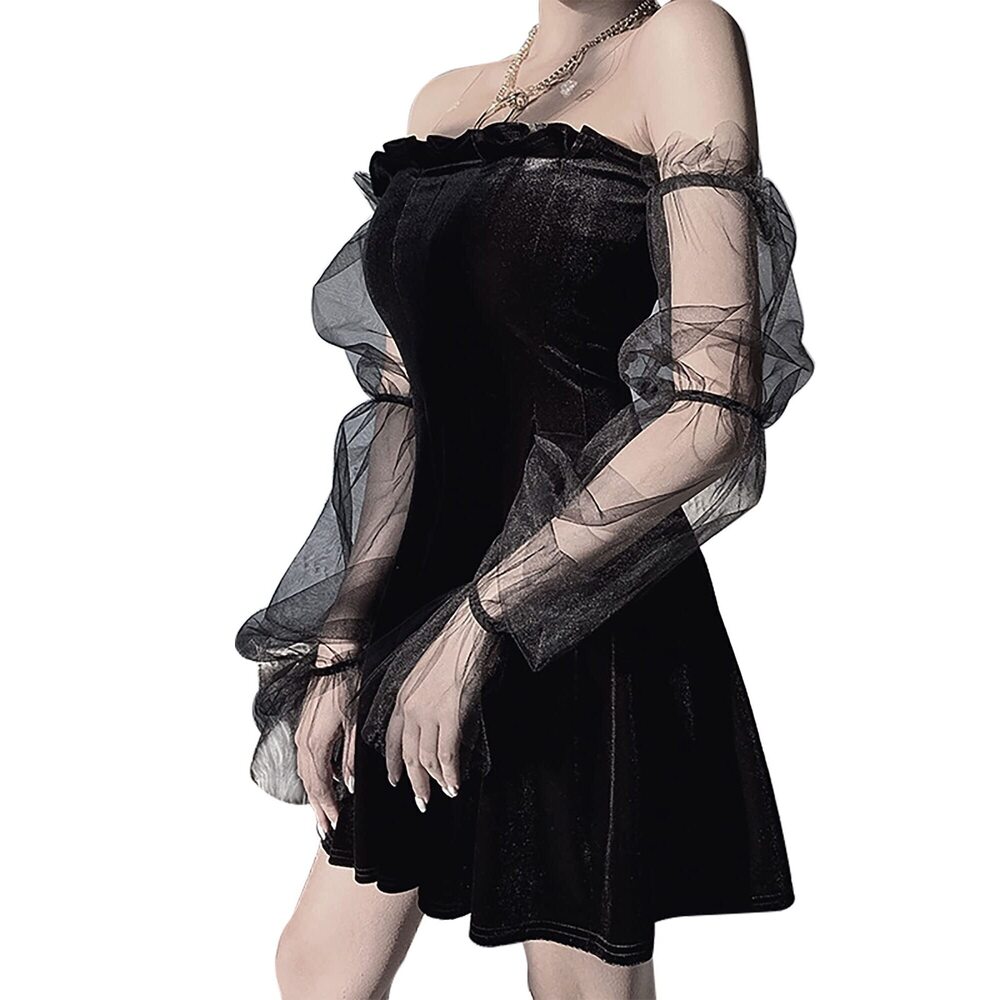 9218 Gothic Plus Size Dress - Sexy Off Shoulder Lace Patchwork Long Sleeve